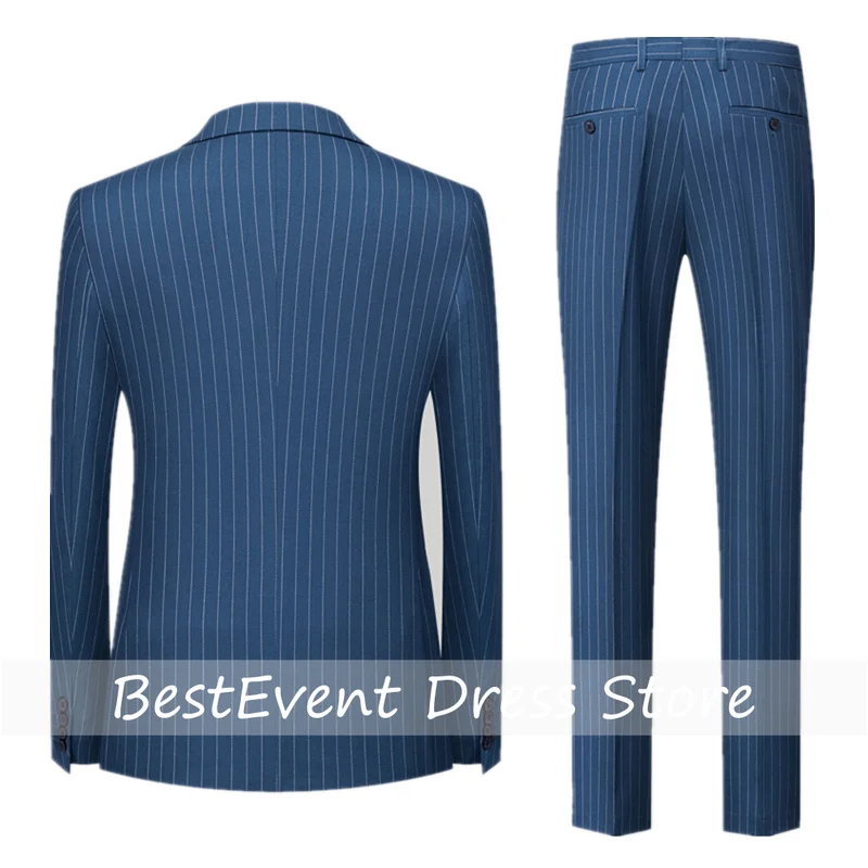Men's Blue Pinstripe Double-breasted Suit Two-piece Wedding Party Business Dress Jacket and Pants Red Gray Male Sets Customized