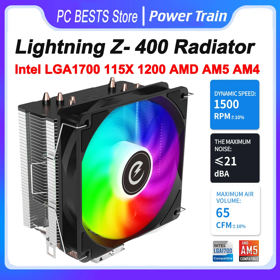 Power Train Lightning Z-400 Radiator 4 Heatpipe RGB Cpu Air Cooler 120mm Cooling Fan  Intel LGA1700 115X 1200 AMD AM5 AM4