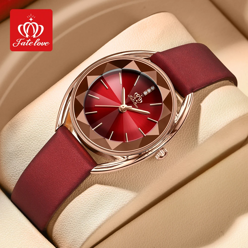 Fate Love 902 Red strap Watch for Women Luxury Rhombus Design Mirror face Waterproof Fashion Casual Women's Watches Original