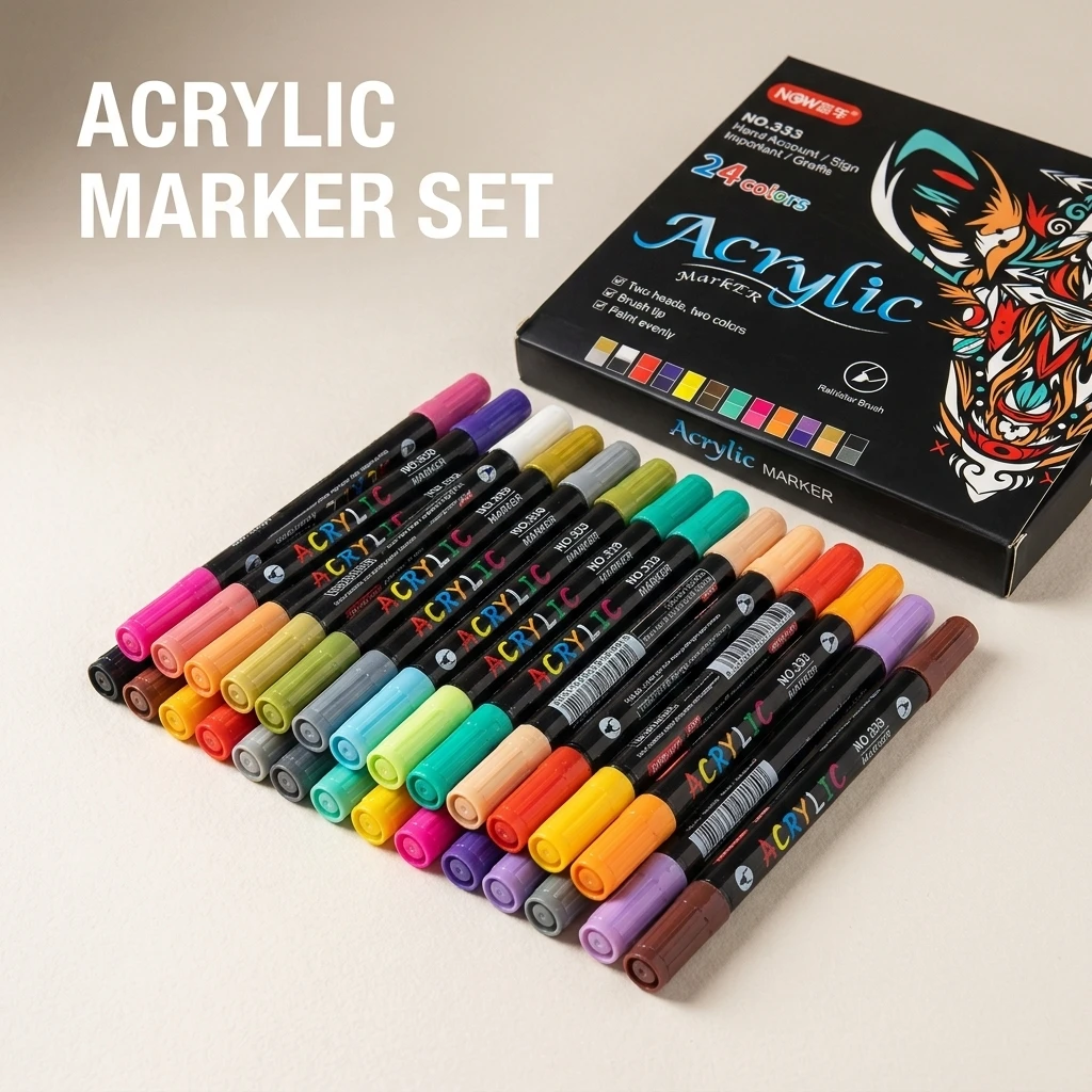 24 Colors Acrylic Paint Marker Pens Dual Tip Art Markers for Rock Painting DIY Crafts Drawing Permanent Ink Pens School Supplies