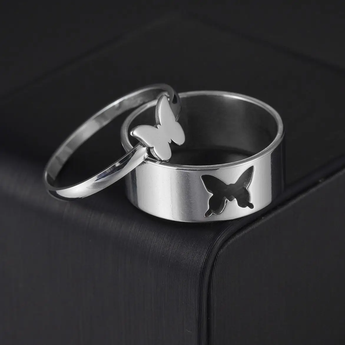 2Pcs Silvery Gold Butterfly Ring High Quality Couple Ring Lovers Ring Set Gift For Lover Jewelry Engagement Wedding Bands