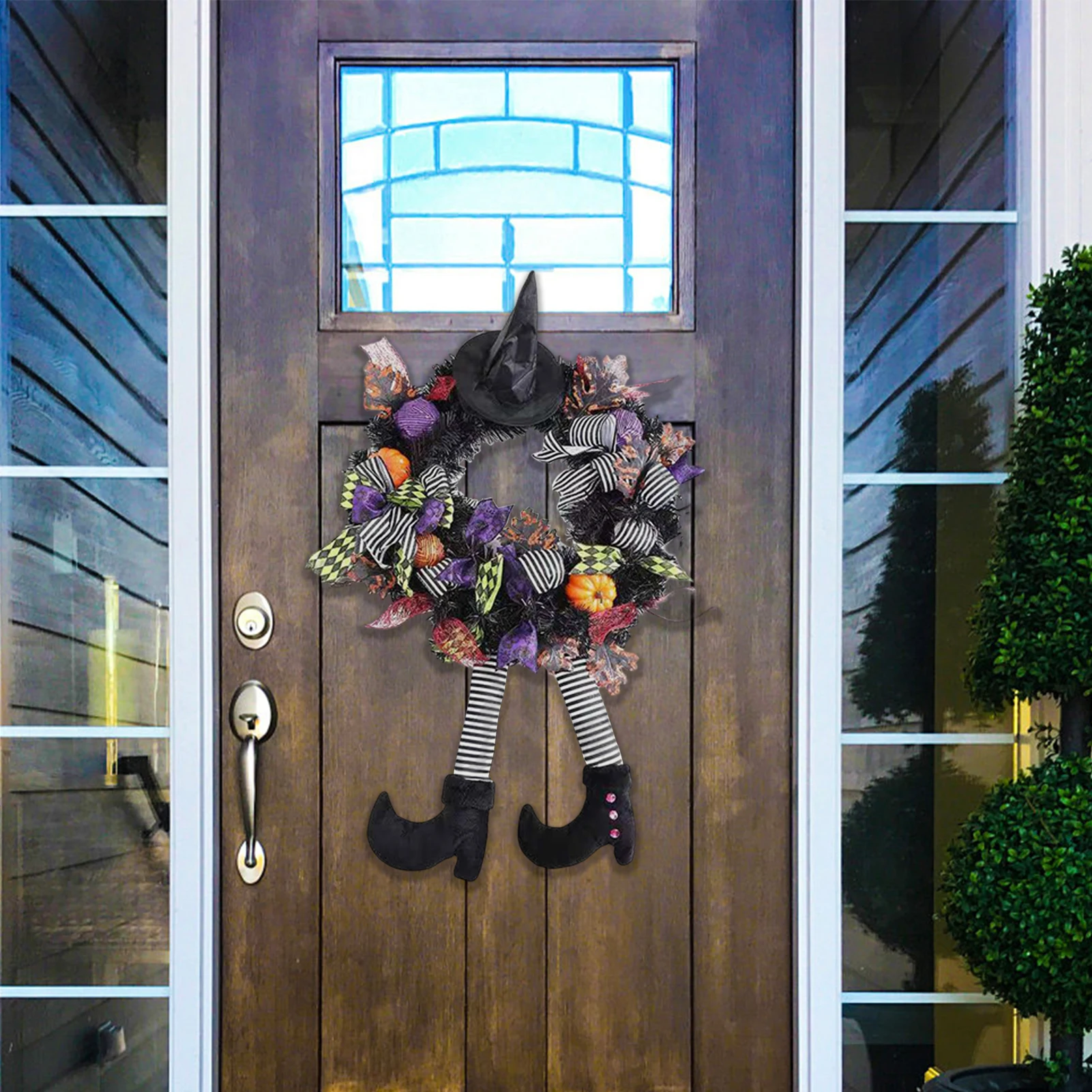 Halloween Welcome Signs for Porch Wreaths Large Size Witch Legs Garland Hanging Ornament with Fake Plants Home Décor Accents