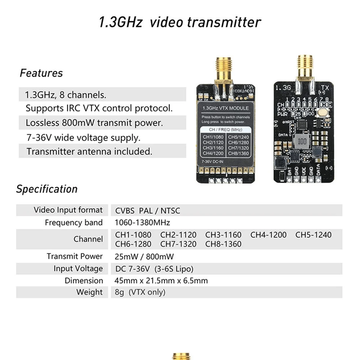 1.3G 1.6W 1600Mw FPV VTX Video Transmitter Analog Video System for FPV Freestyle Long Range DIY Parts(A)