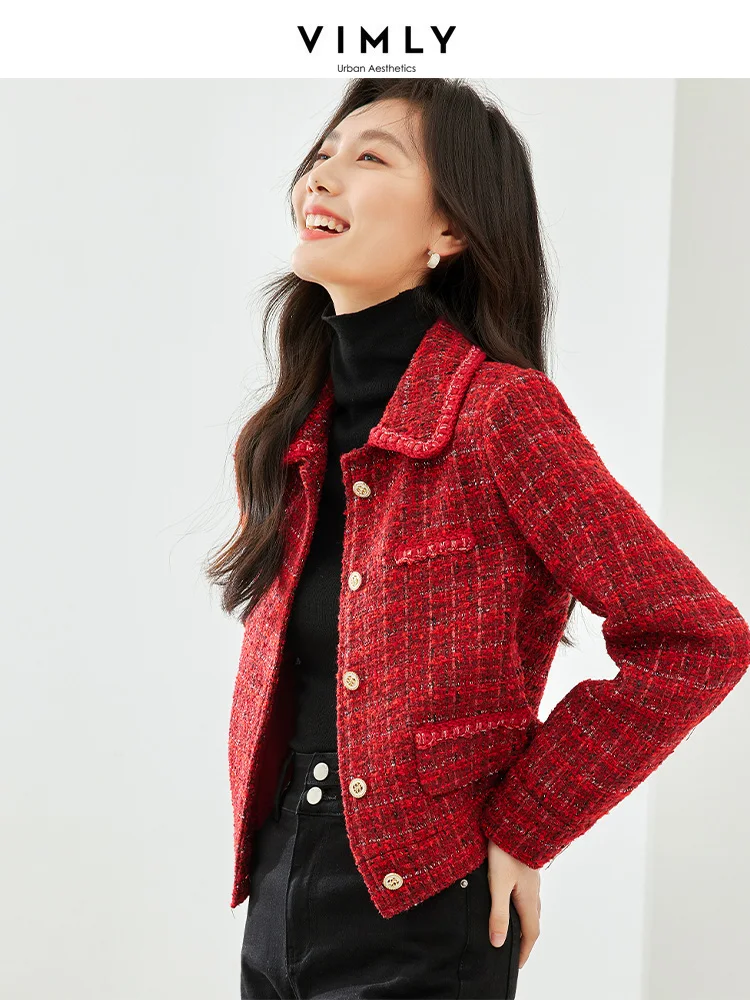 Vimly inverno vermelho tweed jaquetas para mulheres senhora do escritório 2023 trabalho negócios outerwear manga longa lapela em linha reta casaco