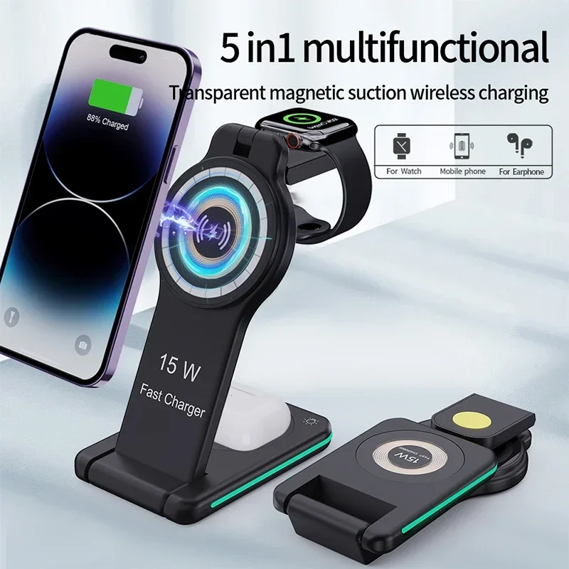 3 In 1 Magnetic Wireless Charger Stand for iPone15 14 13 12 Pro Max Airpods Samsung S23 S22 iWatch 8 7 15W Fast Charging Station