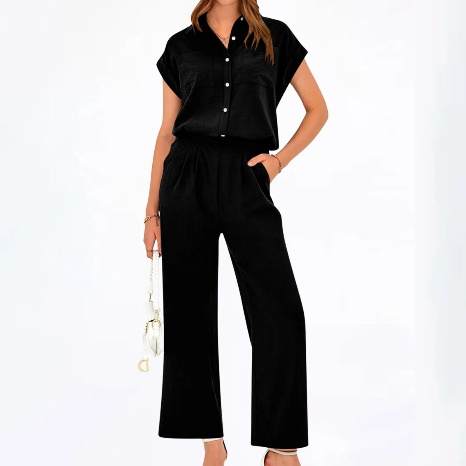 Women Suit Fashion Solid Color Button Short Sleeve Top Shirt And Loose Wide Leg Trousers Set Suit Elegant Office Two Piece Suit