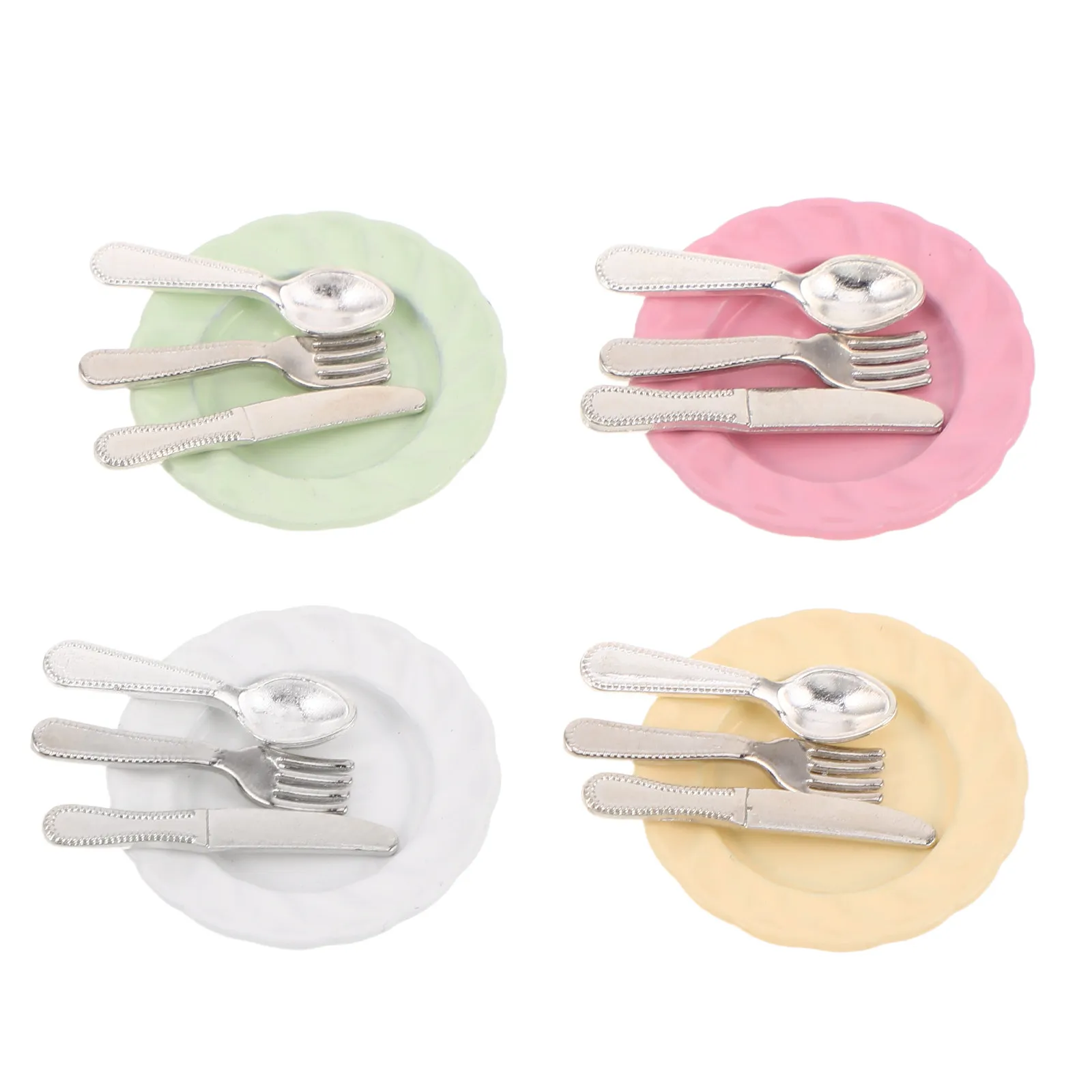 

4Sets Miniature Alloy Tableware Realistic Dollhouse Kitchen Accessories Mini Plates Forks Spoons Knives for Creative Play