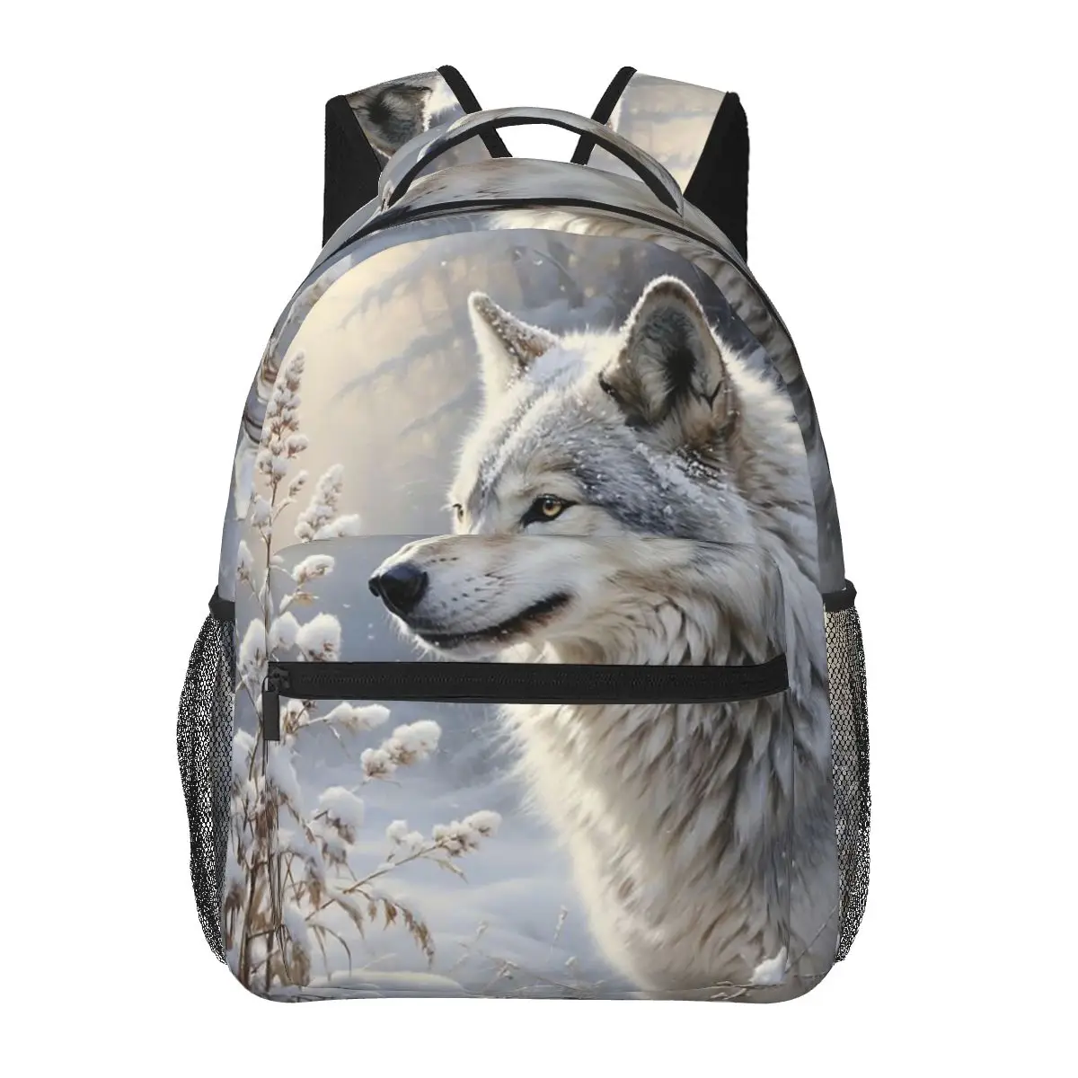 

White Wolf Oil Painting Print Student Backpack School Bag Hiking Travel Daypack for Men Women Fashion Bookbag Shoulder Bags