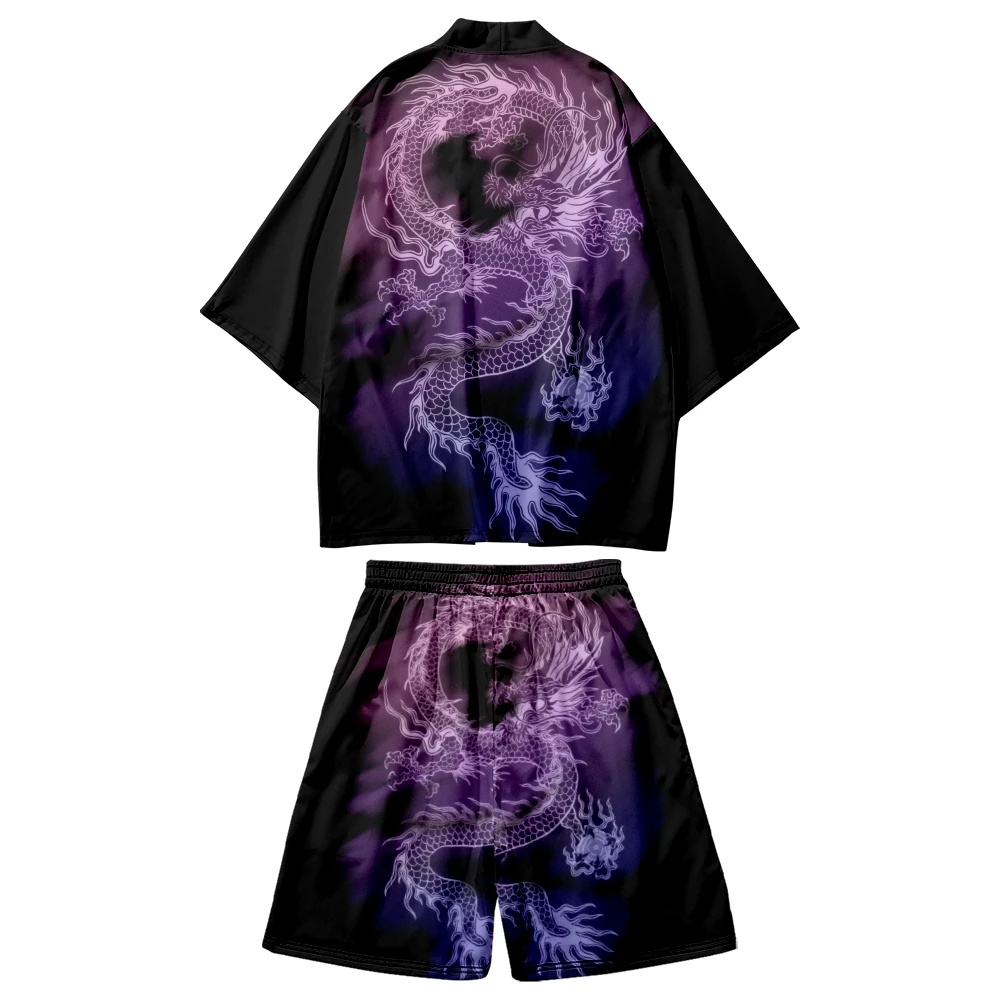Two-piece Suit Japanese Cardigan Men Cosplay Japanese Dragon Print Yukata Black Kimono Shorts Sets Patchwork Asian Traditional