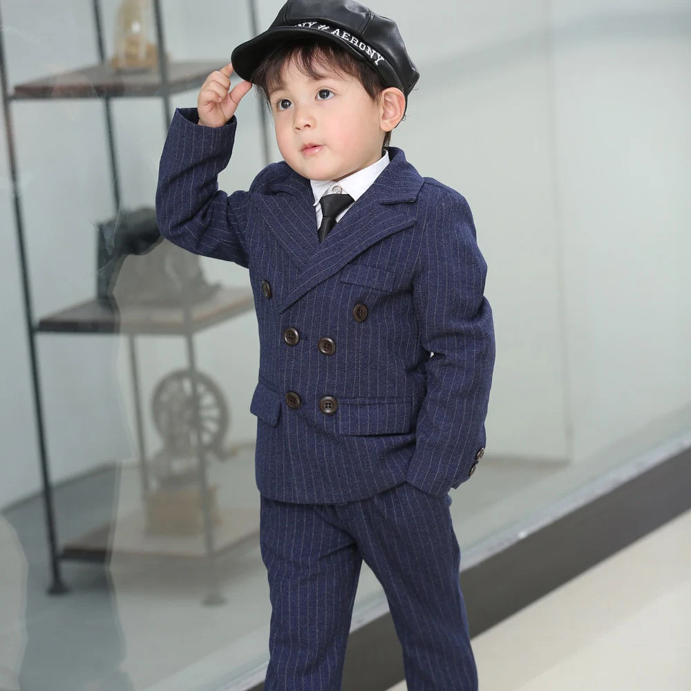 

Navy Blue Striped Boy Suits Chic Double Breasted Customized Sets for Children Casual Slim Kids Clothes 2 Piece (Blazer+Pants)