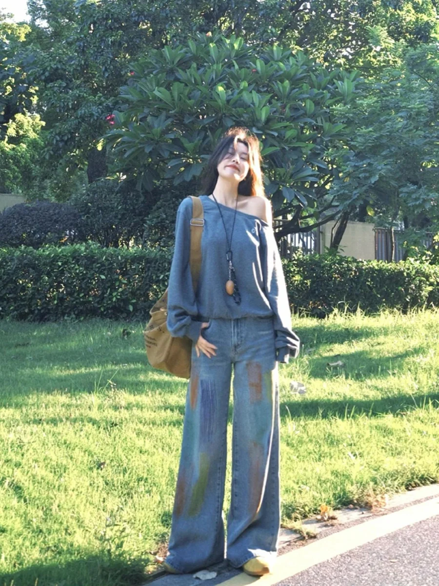 

Джинсы с широкими штанинами и принтом для женщин, с высокой талией, прямые, струящиеся, стройнящие, длинные брюки, осенний дизайн, повседневные...