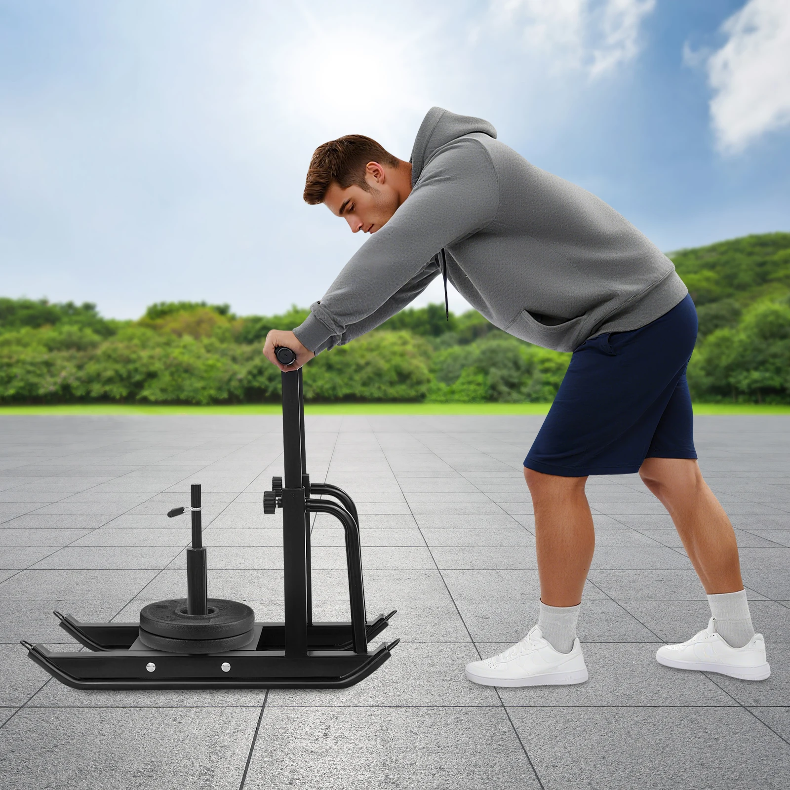 Black Steel 88x38cm Fitness Sled Car 5th Gear Height Adjustment Weight Training Sled Strength Training Push-Pull Sled