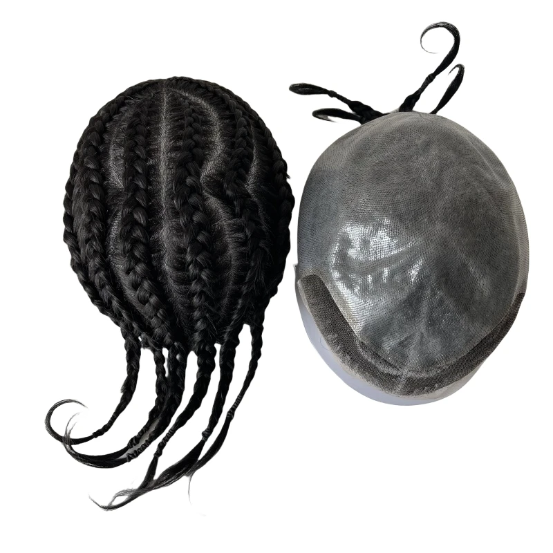 

Indian Virgin Human Hair Systems 1B# Black Color 10A Grade Peanut Cornrow Braids BIO Toupee 8x10 Front Lace Unit for Black Men