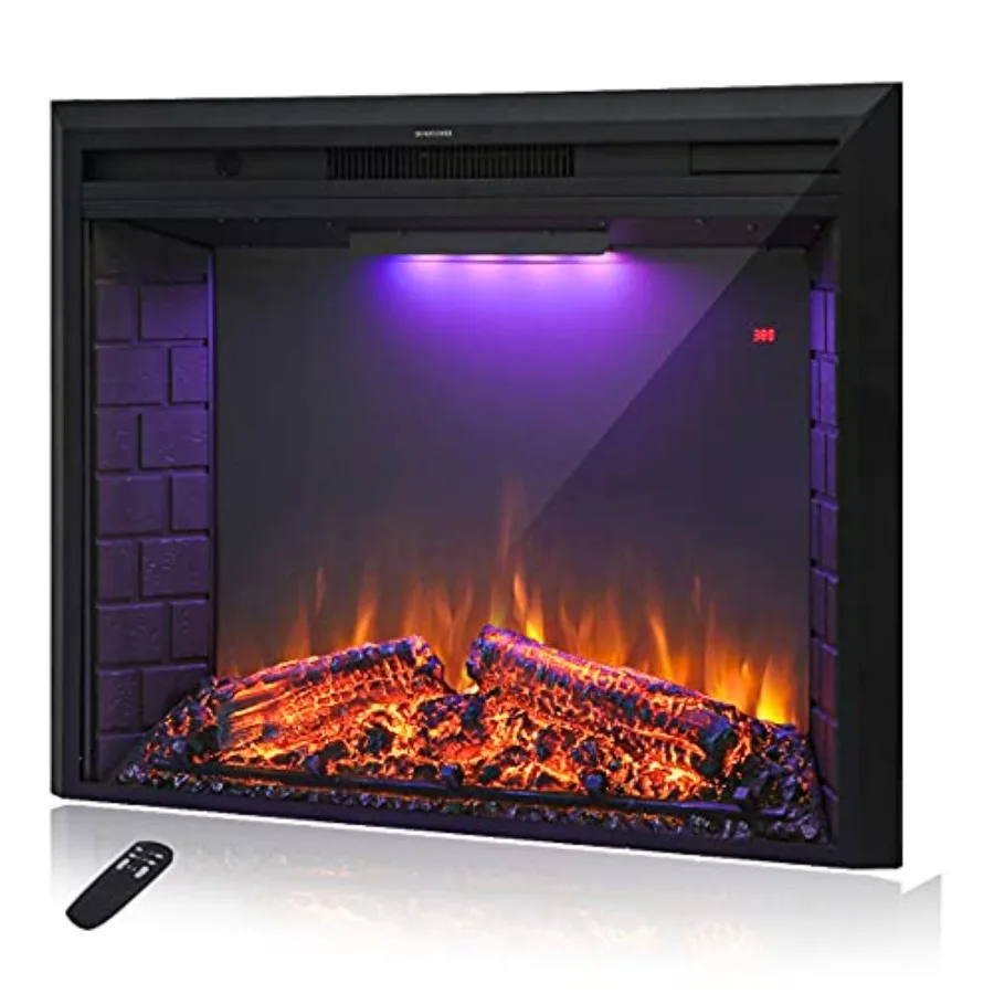 

28'' Electric Fireplace Insert Retro Recessed Fireplace Heater with Fire Cracking Sound Remote Control Timer 750/1500W Black
