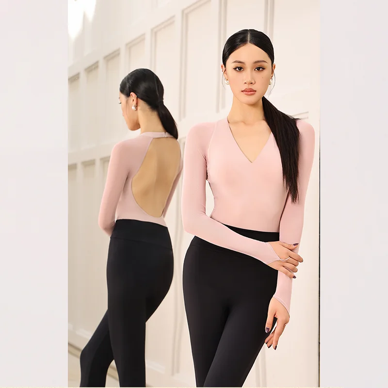 

Одежда для латинских танцев, женский топ с v-образным вырезом и открытой спиной, длинными рукавами + сексуальные леггинсы, комплект с длинными брюками, тренировочный костюм для танго, чача, самбы