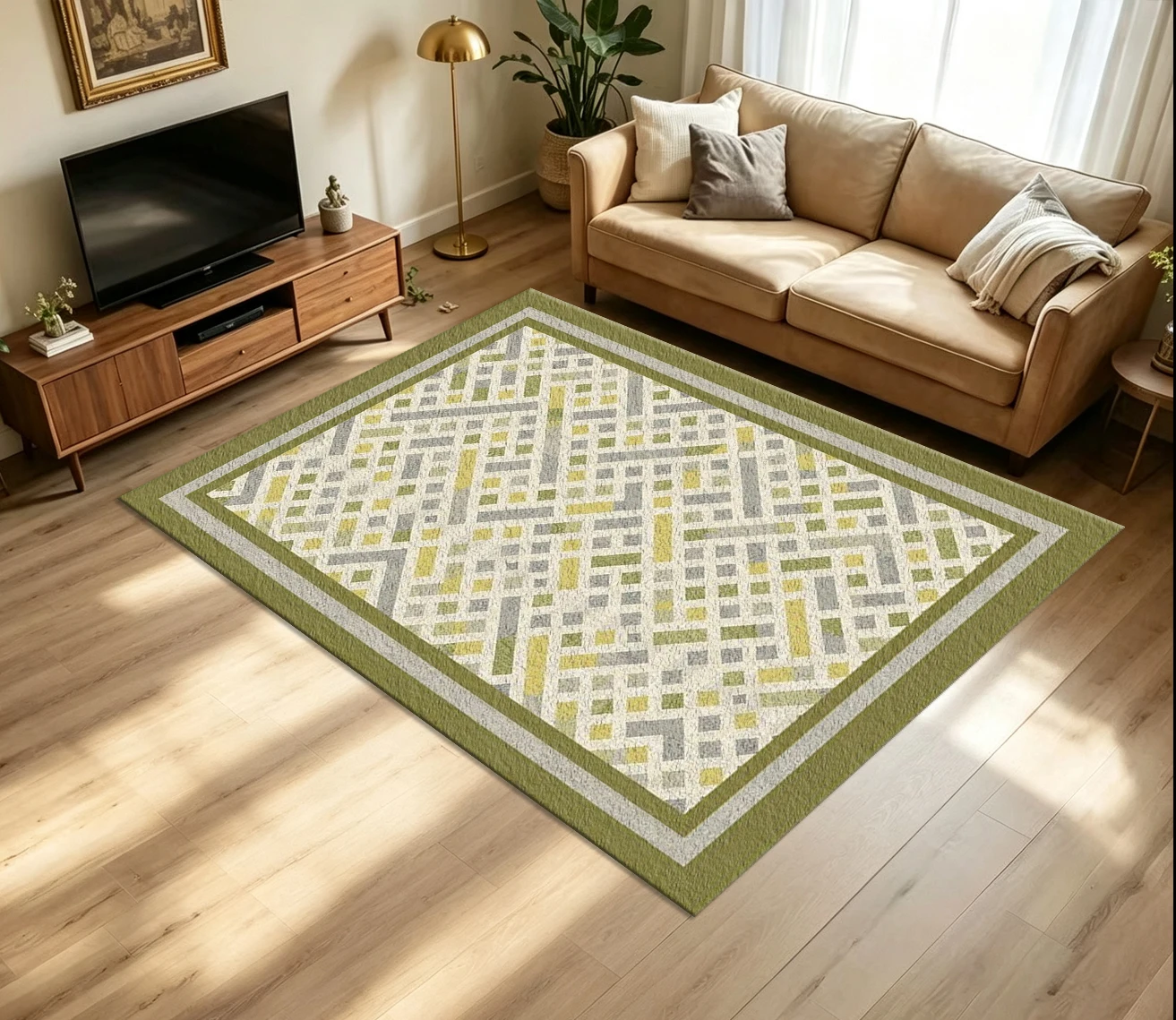 Fresh Green Yellow Diamond Geometric Carpet Flooring Modern Lattice Rhombus Ornate Border Printed Floor Rug for Household Indoor Home Nordic Home Decor