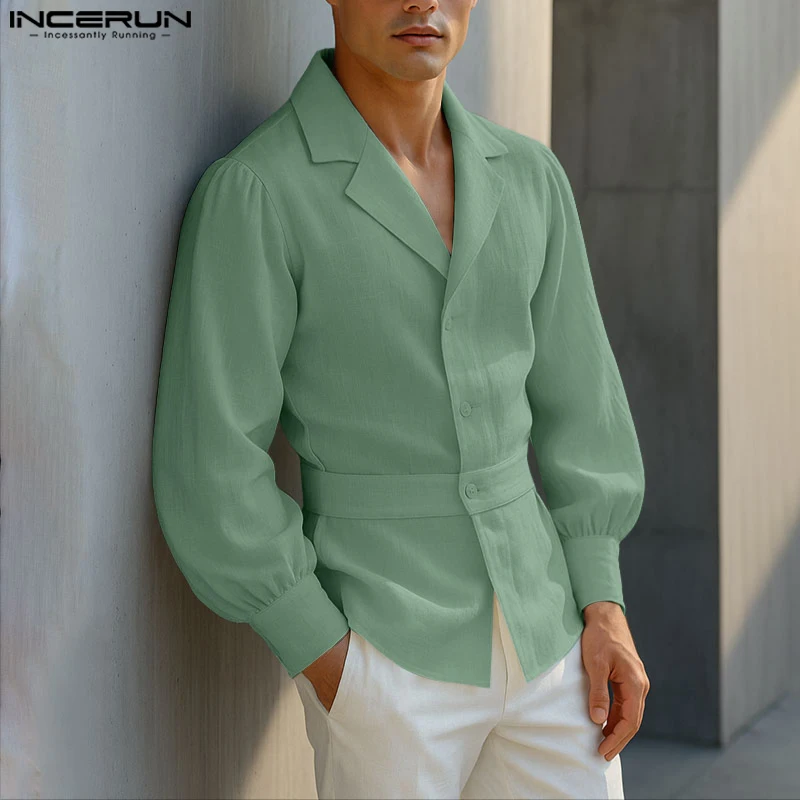

INCERUN Men Shirt Solid Color Cotton Lapel Long Sleeve Casual Men Clothing Streetwear Spring Autumn Fashion Male Shirts Camisas