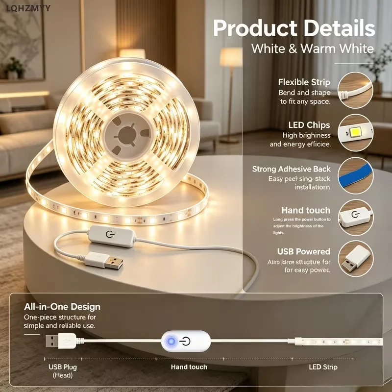 1 Led Light Strip with Touch Control Dimming, Low Voltage 5V, USB Powered, Touch Switch, Long Press to Adjust Light Brightness, Can Be Cut to Different Lengths, 3000K Warm White/6000K Pure White Led Strip, Suitable for