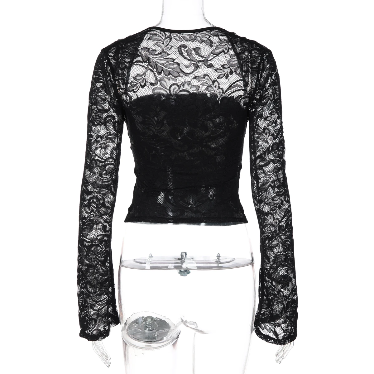 Hugcitar Modisches Quadratischer Kragen Langarm Patchwork-Spitzen-Print Sexy Crop-T-Shirt Transparente Herbst-Damenkleidung Streetwear Nachtclub – Detail 4