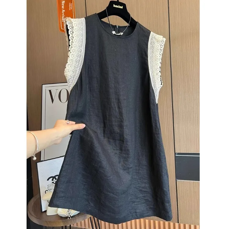 

Ele Summer Lace Trim Fly Sve round Ne Cotton Linen Vest Dr T irt Small irt Top Commute Sle Loose Fit Casual...