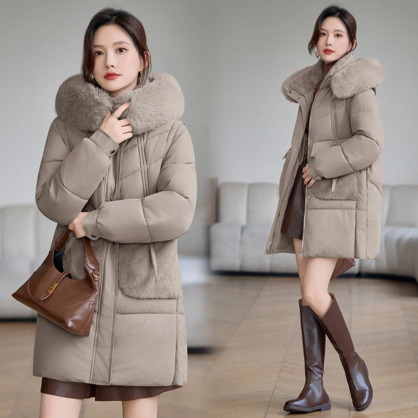 Sleeves Removable Cotton-padded Jacket Vest Coats Women Parkas Mid Long Outerwear 2025 Winter Fur Collar Down Cotton Coat Female
