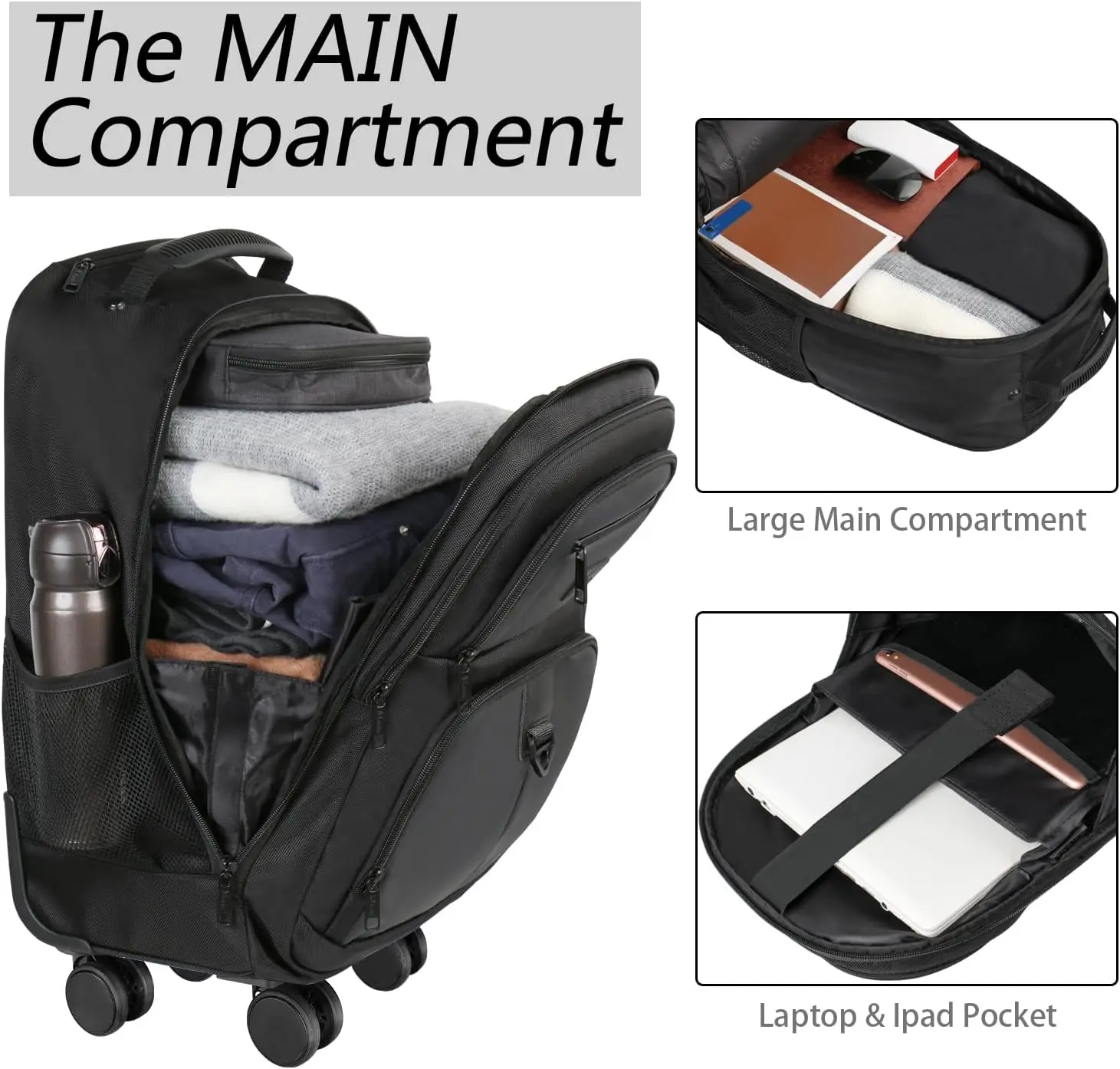 Mochila con Ruedas para Portátil de 17 Pulgadas, Resistente al Agua, con Múltiples Compartimentos, Negra