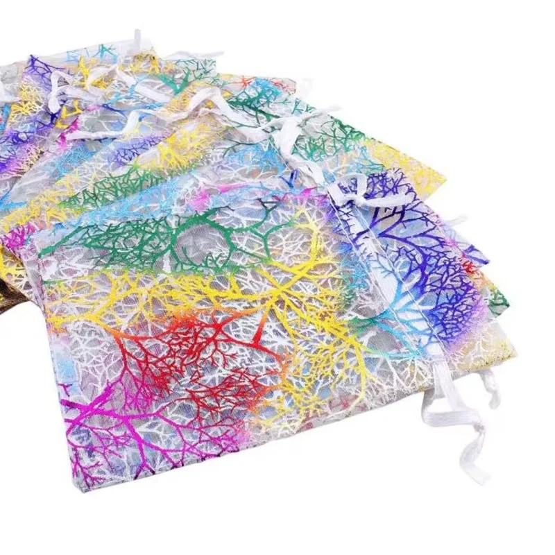 100pcs/lot 13*18, 17*23, 20*30 cm Coral Line Pattern Gauze Yarn Big Organza Drawstring Bags Pouches Christmas Gift Packaging Bag