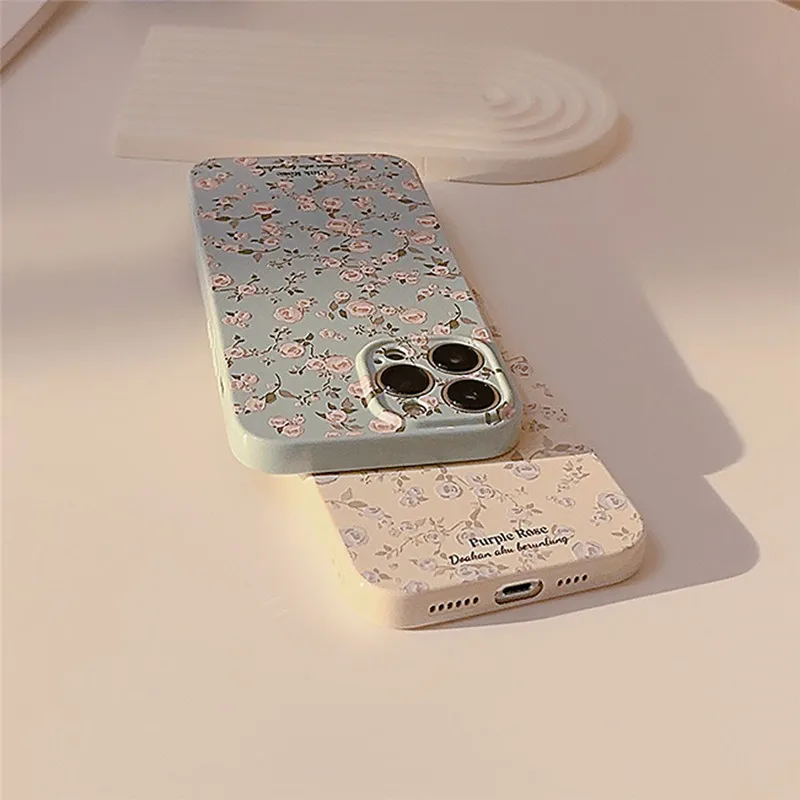 Ottwn Korean Retro Flowers Phone Case For iPhone 14 13 12 11 Pro Max 14 Luxury Floral Soft Silicone Shockproof Bumper Back Cover