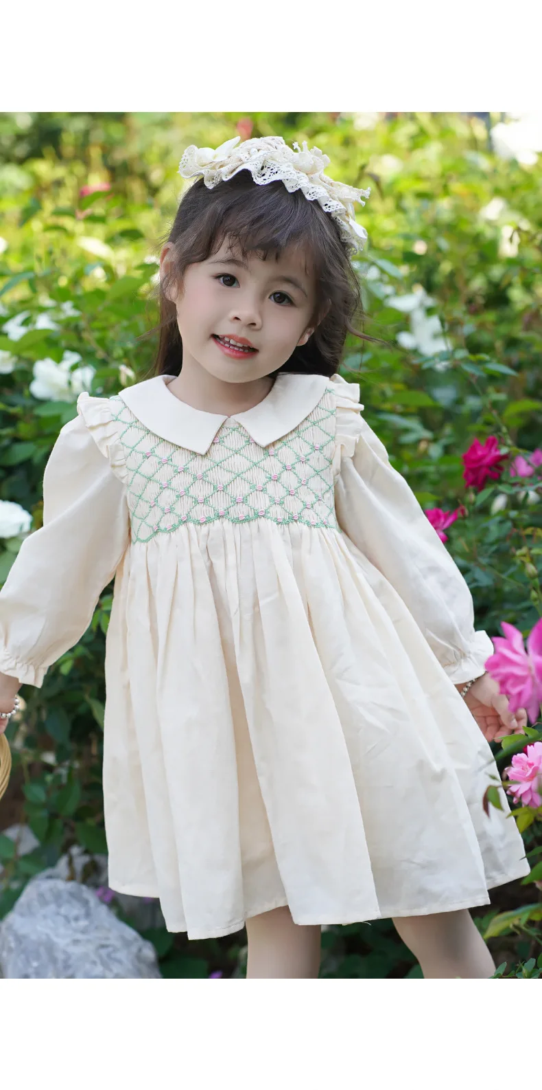 New Spring Baby Girls Long Sleeve smocked Cotton Dresses Children Girl Vintage Handmade Smocked Dress Vestidos For Party 1-6Y