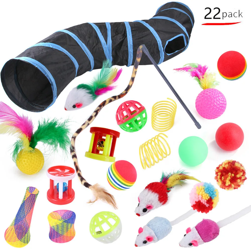 22 Pack Pet Cat Toys Interactive Combination Set Cat Toy Funny Cat Stick Sisal Mouse Bell Ball Tunnel Supplies Kitten Toys