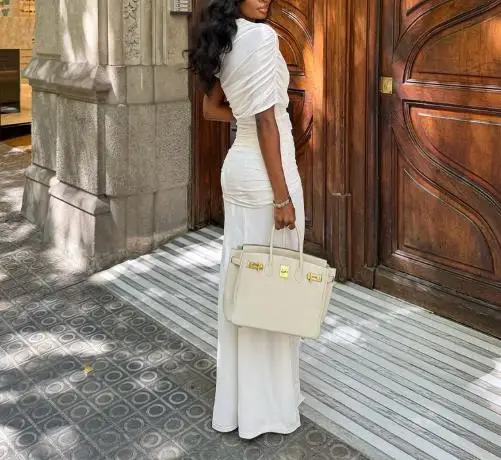 

Solid Color Slanted Neck Folded Hip Patchwork Dress 2025 Women, Elegant and Fashionable Lace Up Dress with Wrapped Buttocks