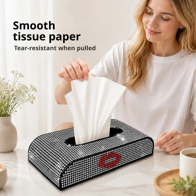 `Portable Bling Rhinestone Tissue Box Holder Shiny Diamond Decor Napkin Storage Box For Car Interior, Home, Office Desktop Decor