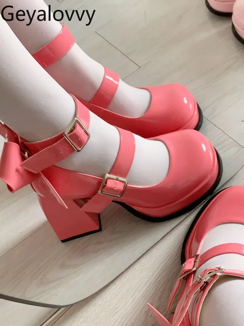 

Party Versatile Solid Color High Heels Original Lolita Sweet Girls Round Toe Mary Jane Bow Waterproof Platform Pumps Shoes