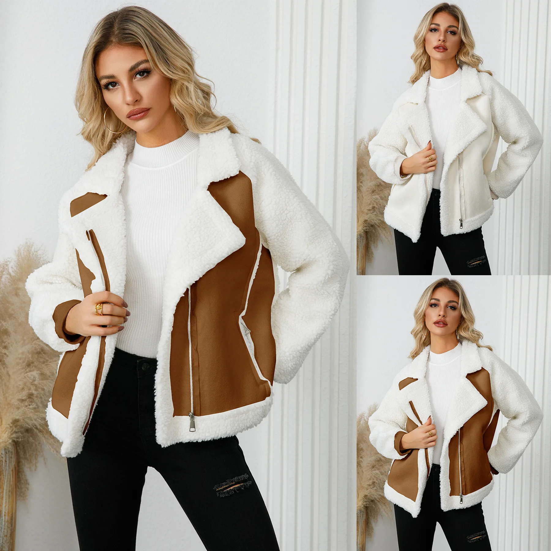 

Women Shearling Jackets Women Denim Coats Zipper Turn Down Collar Long Sleeves Loose Fit Thick Elegant Casual 2025 Autumn Winter