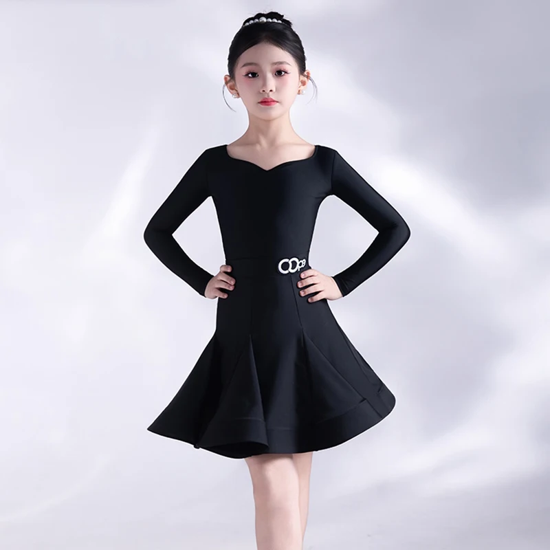 

Latin Dance Competition Dress Girl Long Sleeve Performance Outfit Children Professional Dancing Suit Red Pink Black Green 2051