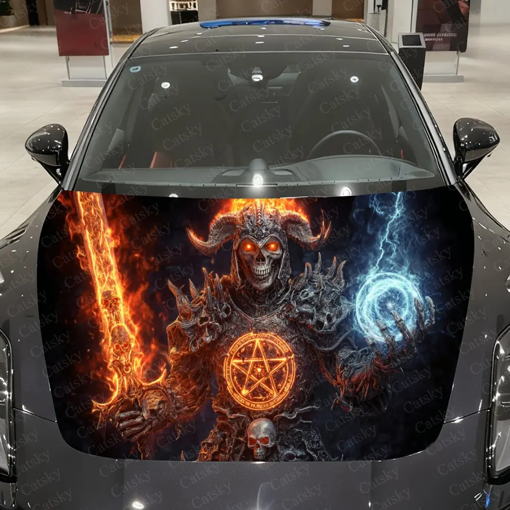 Infernal Ice-Fire Skeleton Monarch Car Vinyl Wrap, PVC Waterproof Car Hood Sticker, Self-Adhesive Scratch-Resistant Stickers