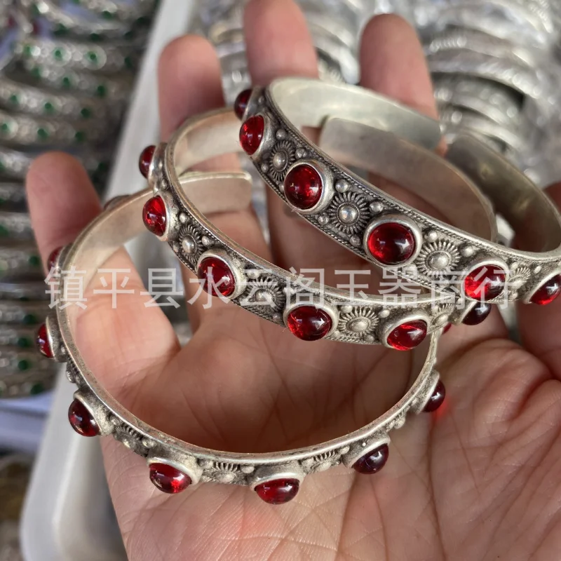 Tibetan Miao Vintage Engraving Open Women's White Copper Silver-Plated Bracelet Ethnic Style Jew