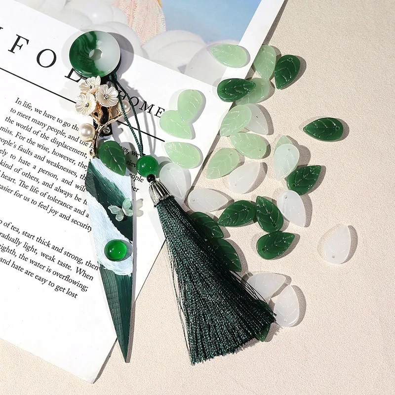 Imitation Jade Bracelet with Holes, White Jade, Dark Green Leaf Shape, Jewelry Pendant Accessories, DIY Handmade Decorative Card