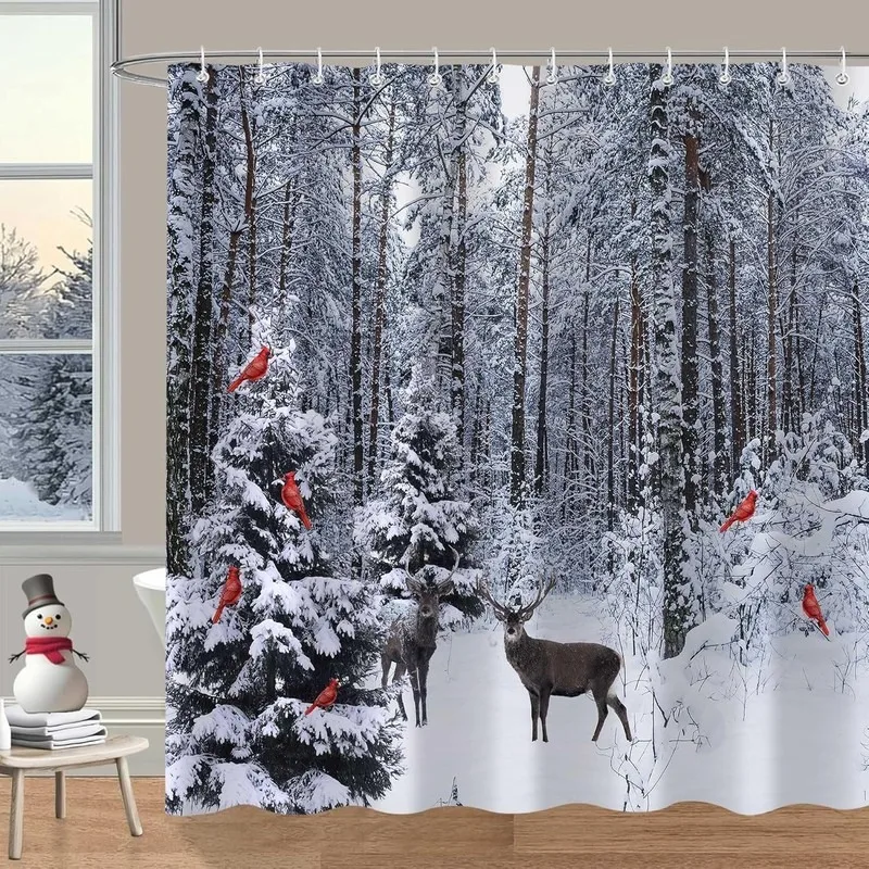 Winter Snow Forest Elk Red Cardinal Nature Christmas Shower Curtain No Drilling 12 Hooks Bathroom Decor Set