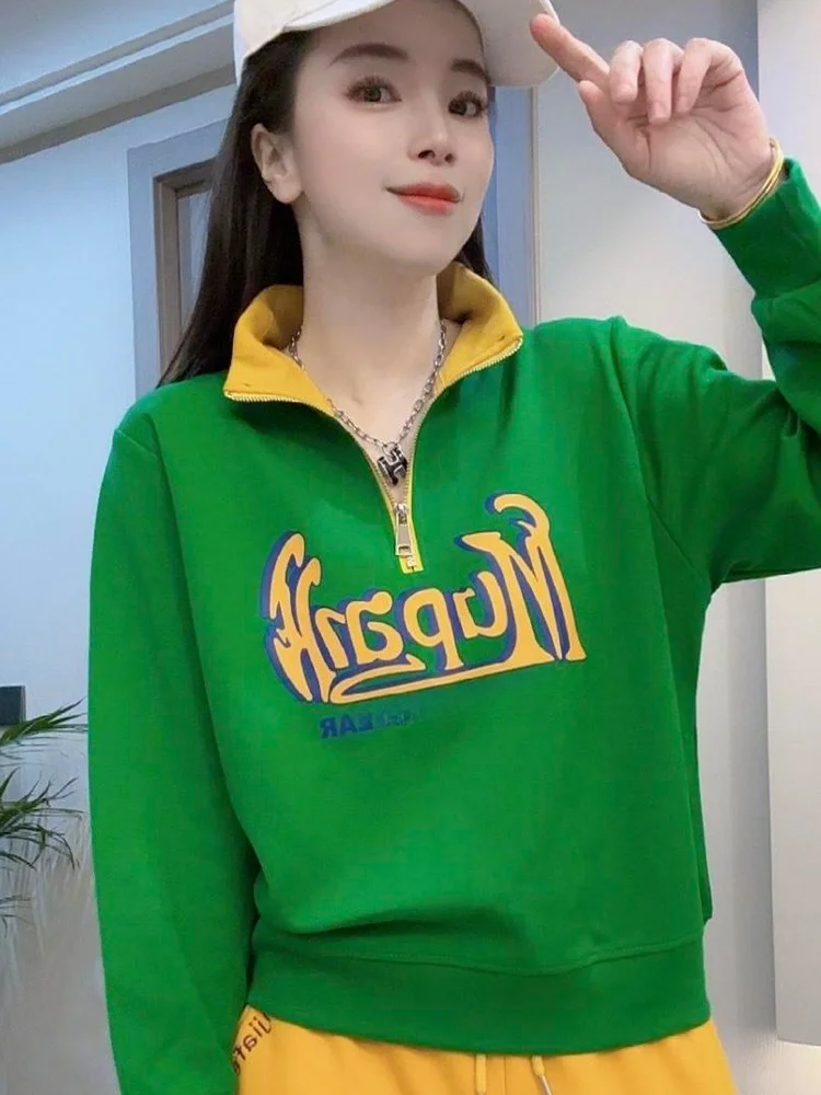 

Модная женская толстовка с длинным рукавом на молнии, весенняя новинка, с цветовыми блоками, приталенная, трендовая, омолаживающая, в корейском стиле