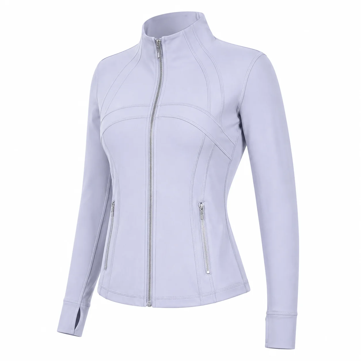 Women's Pale Lavender Slim Fit Full Zip Sports Jacket Stand Collar Long Sleeve Thumbhole Workout Running Yoga Outerwear