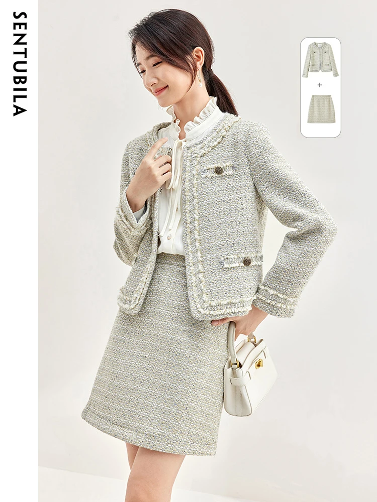 SENTUBILA Elegant Tweed Set Women's Outfits Cropped Jacket A-line Mini Skirt 2024 Spring Autumn 2 Piece Matching Sets 133Z50708