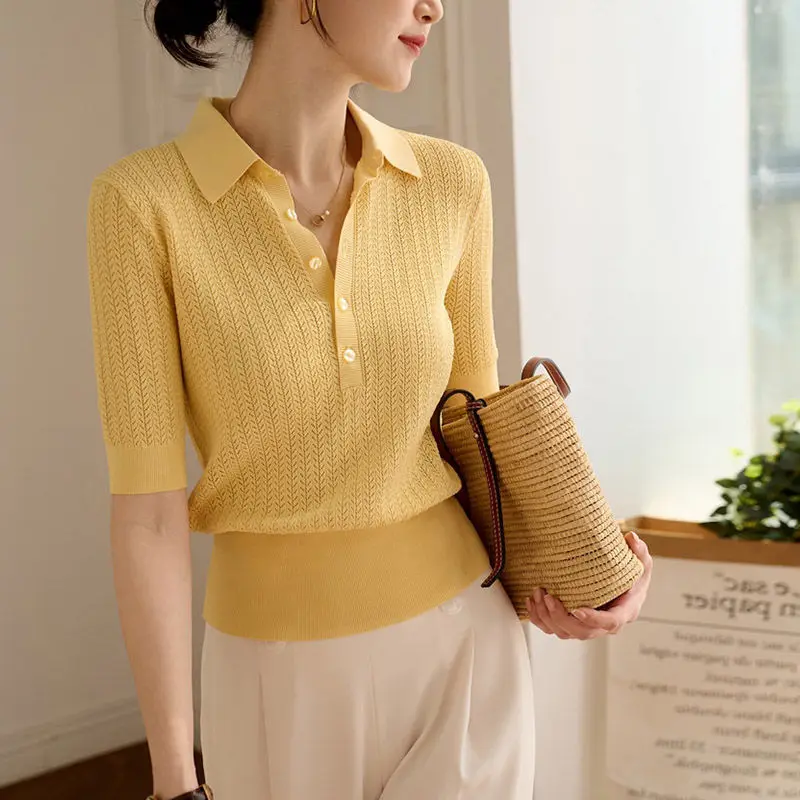 Spring and summer cashmere sweater V-neck short-sleeved t-shirt lapel knitted cashmere bottoming top shirts for women