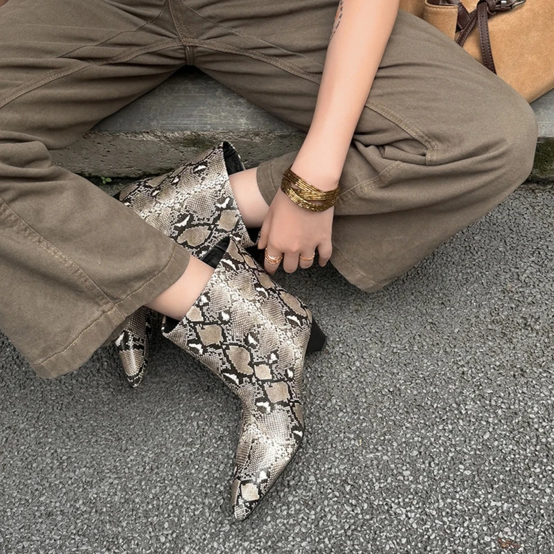 NEW Autumn/Winter Women Boots Pointed Toe Chunky Heel Shoes Split Leather Shoes Women Slip-on Modern Boots Cow Suede Daily Shoes