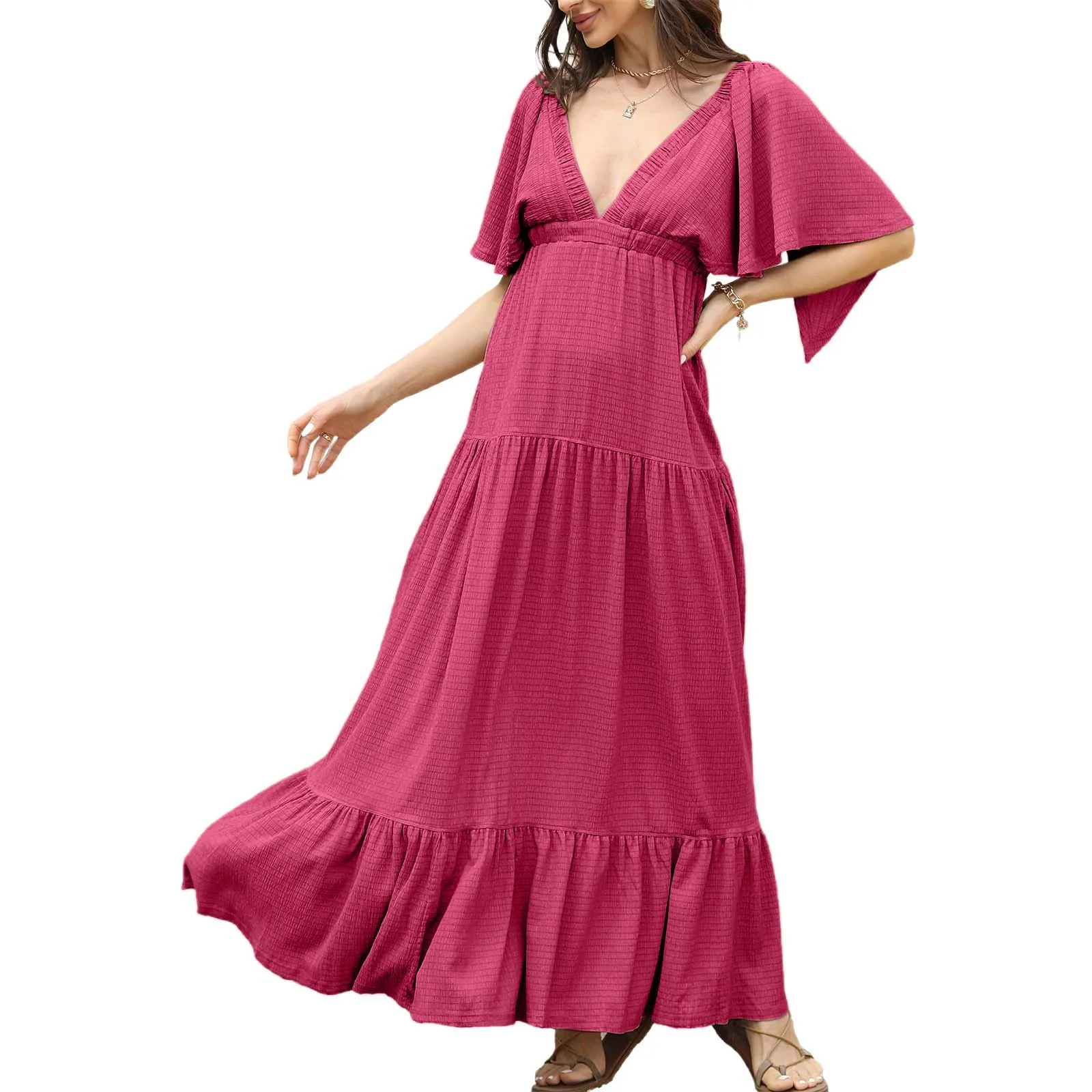 Nuevos vestidos formales para mujer, moda Primavera Verano, vestido de manga corta con cuello en V, cinturón Simple de Color sólido, vestidos veraniegos largos informales