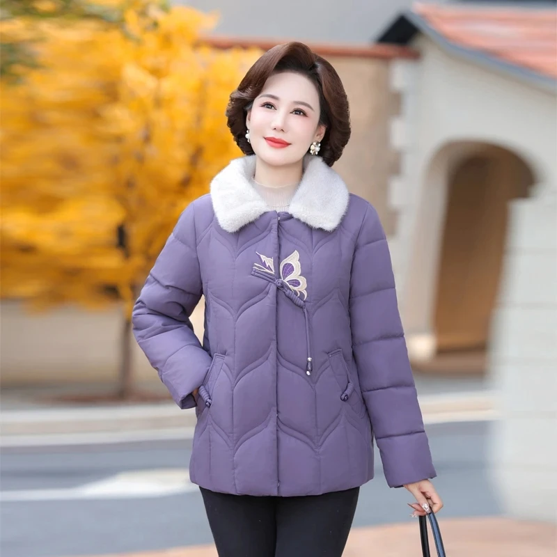 Women's Thick Warm Winter Cotton Padded Jackets Loose Parkas Fleece Turndown Collar Butterfly Print Covered Button Zipper Female