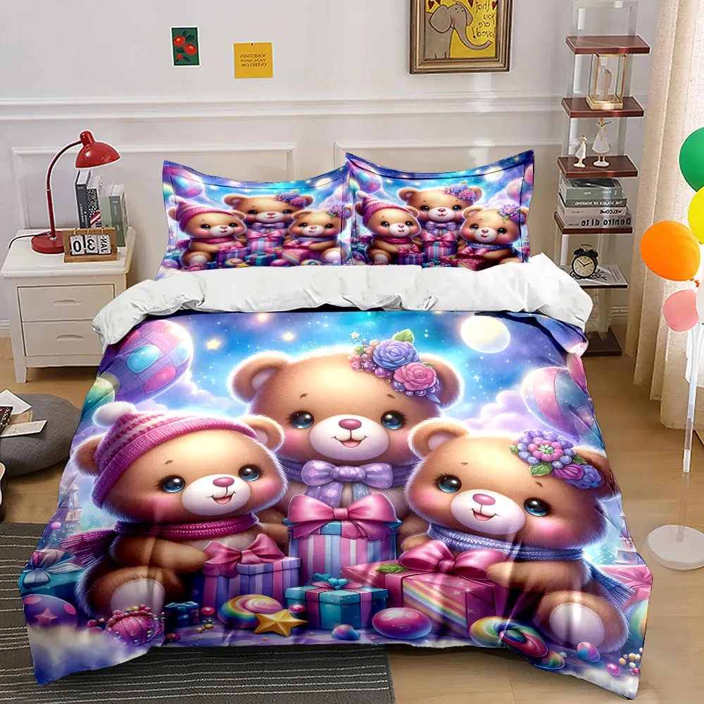 

Dreamy Teddy Bears with Gifts Bedding Set for Kids Luxury Gift 3pcs Digital Print Comforter Set Soft Comfortable Breathable
