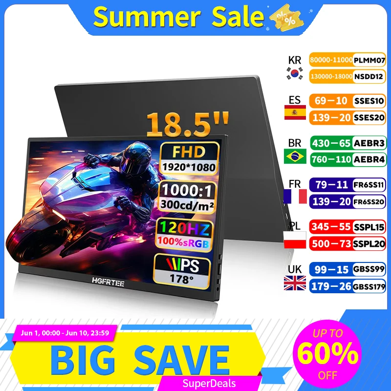 HGFRTEE 18.5 Inch 120Hz Monitor 300Cd/m 100%SRGB Gaming PC Computer Display mini HDMI-Compatib/Type-C For PS4/5 Xbox Switch
