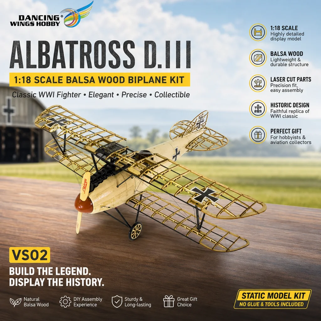 

DW Hobby 1:18 Scale Albatross D.III Static Model Balsawood Biplane Wooden Frame Aircraft Collectible Model Kit Balsa Plane VS02