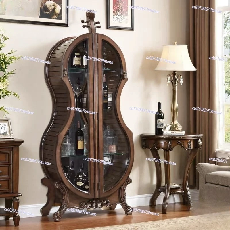 European solid wood carving flower door glass Baijiu cabinet American cello decorative locker display cabinet